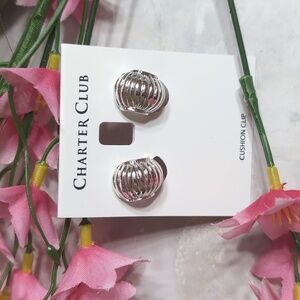 Charter Club Silver Ribbed Cushion Clip Earrings NWT